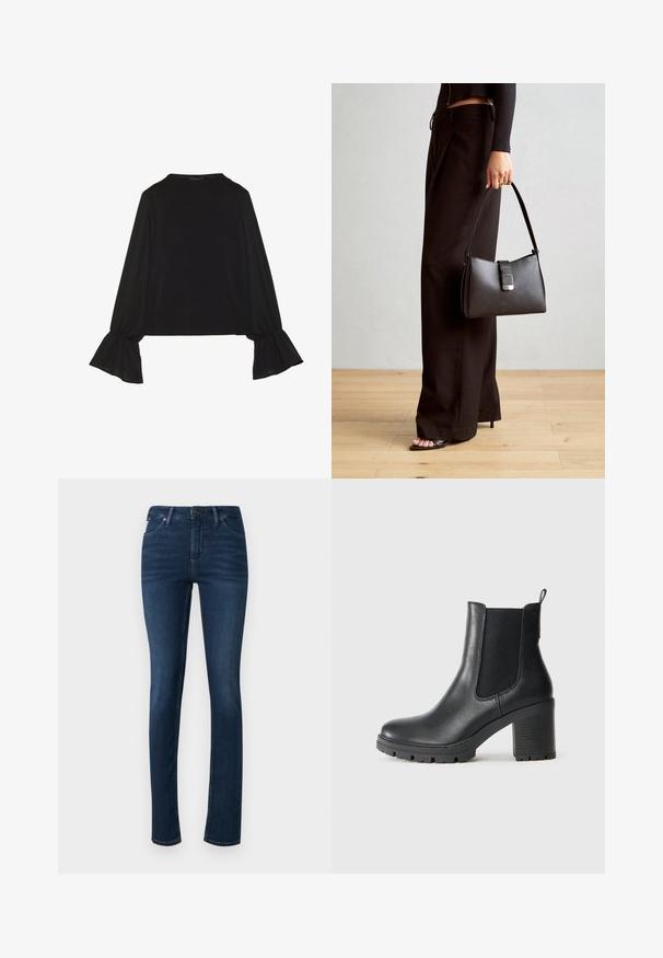 Top preto de mangas longas com punhos largos, textura suave e um corte descontraído, com um simples decote redondo.; Jeans de cor azul escuro, com um corte justo, feitos em denim, apresentando cinco bolsos, fecho com botão e zipper, e uma cintura de média altura.; Bota de tornozelo em couro preto com painéis laterais elásticos, sola de borracha robusta e um salto bloco alto. Apresenta uma alça na parte de trás.; Bolsa preta com forma estruturada, textura suave e um fecho metálico. Combinada com calças largas pretas e sandálias de salto aberto sobre um chão de madeira.