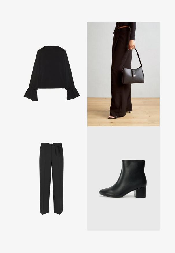Maglietta nera a maniche lunghe con polsini svasati, texture morbida e vestibilità rilassata, con un semplice collo rotondo.; Pantaloni neri a vita alta con dettaglio della cintura da annodare. Realizzati in tessuto liscio, presentano una vestibilità dritta e due tasche frontali.; Stivali neri in pelle fino alla caviglia con punta appuntita e tacco spesso. Texture liscia con minimi dettagli e un design elegante e aderente.; Borsa nera con forma strutturata, texture liscia e una chiusura metallica. Abbinata a pantaloni neri larghi e sandali open-toe su un pavimento in legno.
