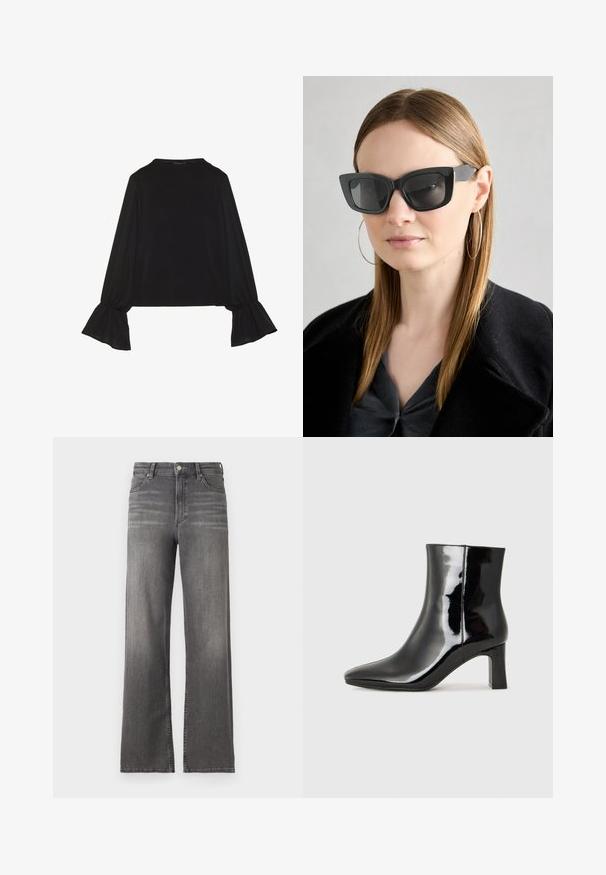 Mustsärgid musta tooniga, pika varrukaga, flöödid käised, pehme tekstuur ja vabalt langev lõige, lihtsa ümaraga kaelusega.; Keskpika hallid teksajad laiade jalgadega, kerge kulumisega, klassikalise viie tasku disainiga ja metallist nööbiga kinnitusega. Tavalise hemiga pikkus.; Must-sinine nahkjalats musta läikiva viimistlusega, millel on terav nina ja keskmise kõrgusega plokk konts. Sile tekstuur ja minimalistik disain.; Must musta prillid tumedate läätsedega, paksude raamidega ja tagasihoidlike aktsentidega. Kantud musta jope ja halli särkiga, pikki sirgeid juukseid kandes.