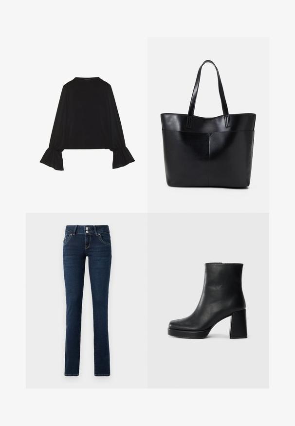 Top preto de mangas longas com punhos largos, textura suave e um corte descontraído, com um simples decote redondo.; Jeans skinny azul-escuro com fecho de botão duplo, bolsos frontais e costura amarela sobre um fundo branco.; Bota de couro preta até ao tornozelo com salto bloco e sola com plataforma, vista de lado sobre um fundo branco liso.; Bolsa tote preta em couro com duas alças longas, textura suave e forma estruturada. Apresenta um bolso frontal para armazenamento adicional.