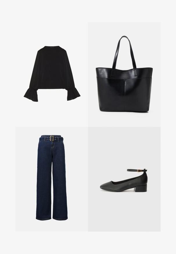 Juoda ilgomis rankovėmis palaidinė su išsiplėtusiais rankogaliais, minkšta tekstūra ir laisva forma, su paprastu apvaliu kaklu.; Tamsiai mėlynos plačios džinsinės kelnės su siuvinėtomis kišenėmis ir suderintu diržu su dideliu stačiakampiu auksiniu sagtimi.; Juodas odinis aukštakulnis batelis su smailiu pirštu ir žemu bloku. Su kulkšnies dirželiu su auksinės spalvos sagtimi. Lygus paviršius.; Juoda odinė rankinė su dviem ilgais diržais, lygiu paviršiumi ir struktūrizuota forma. Yra priekinė kišenė papildomam saugojimui.