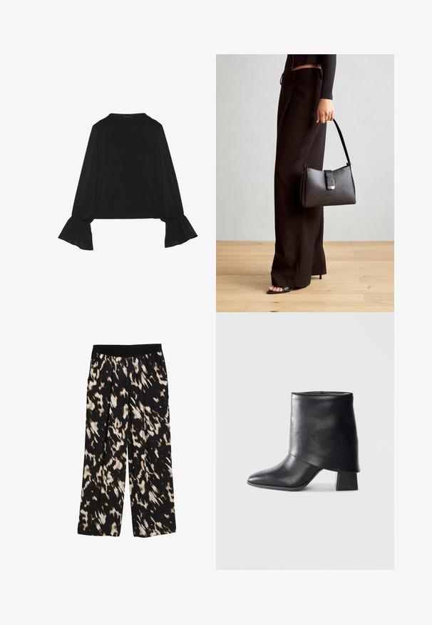 Mustsärgid musta tooniga, pika varrukaga, flöödid käised, pehme tekstuur ja vabalt langev lõige, lihtsa ümaraga kaelusega.; Laiad püksid mustast kangast, millel on pruun ja kreemjas abstraktne mustri. Elastsest vöökoht, millel on paelad, sile tekstuur.; Mustad nahast pahkluuring, millel on terav varvas, sile tekstuur ja struktureeritud plokknakk. Omab kõrget, volditud suud.; Must musta kott, millel on struktureeritud kuju, sile tekstuur ja metallist klamber. Kombineeritud laiate mustade pükstega ja avatud varvaste sandaalidega puidust põrandal.