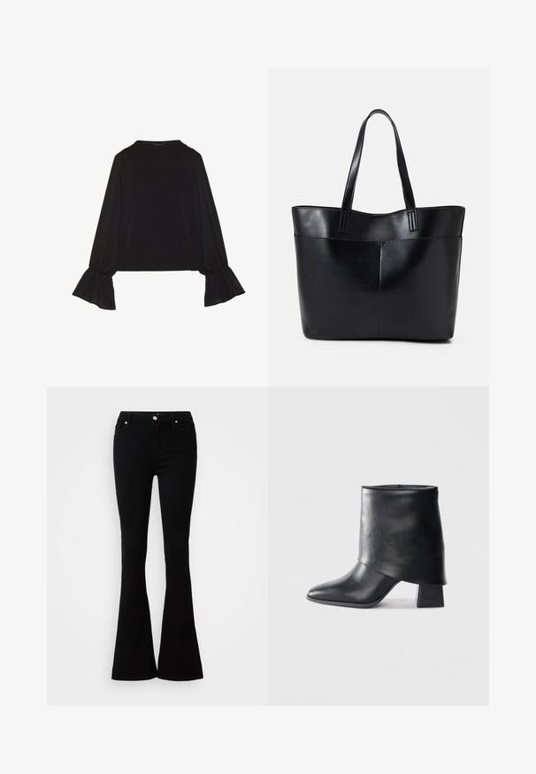 Black long-sleeve top featuring flared cuffs, soft texture, and a relaxed fit, with a simple round neckline.; Black flared jeans made of denim with a smooth texture, featuring a button closure, two front pockets, and a simple design.; Black leather ankle boot with a pointed toe, smooth texture, and a structured block heel. Features a high, folded cuff design.; Black leather tote bag with two long handles, a smooth texture, and a structured shape. Features a front pocket for additional storage.