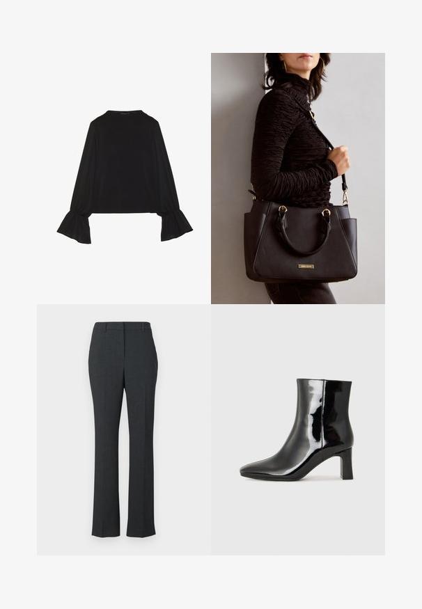Čierny top s dlhými rukávmi, flitrovanými manžetami, mäkkou textúrou a voľným strihom, s jednoduchým okrúhlym výstrihom.; Tmavošedé sako nohavice so strihom rovnými nohami, s hladkou textúrou a bez viditeľných vzorov či hardvérových detailov.; Čierne lakované členkové topánky s špicatou špičkou a stredne vysokým blokovým podpätkom. Hladká textúra a minimalistický dizajn.; Čierna kabelka s textúrovaným povrchom, dvojitými hornými rúčkami a nastaviteľným ramenným popruhom. Obsahuje zlaté kovanie a bočné vrecká.
