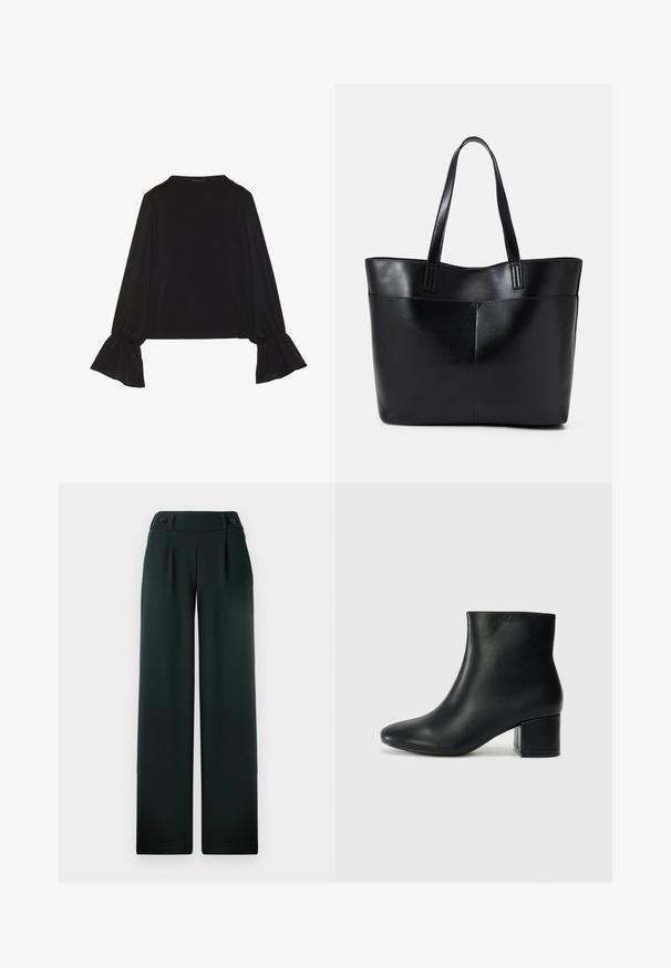 Crna majica dugih rukava s proširenim manžetama, mekanim materijalom i opuštenim krojem, s jednostavnim okruglim izrezom.; Tamnozelene široke hlače od glatkog materijala, sa visokim strukom, nabranim detaljima i dva istaknuta crna dugmeta na prednjoj strani.; Crne kožne čizme do članaka s uskim vrhom i debelim potplatom. Glatka tekstura s minimalnim detaljima i elegantan, prilagođen dizajn.; Crna kožna torba s dugim ručkama, glatkom teksturom i strukturiranim oblikom. Ima prednju džep za dodatno pohranu.