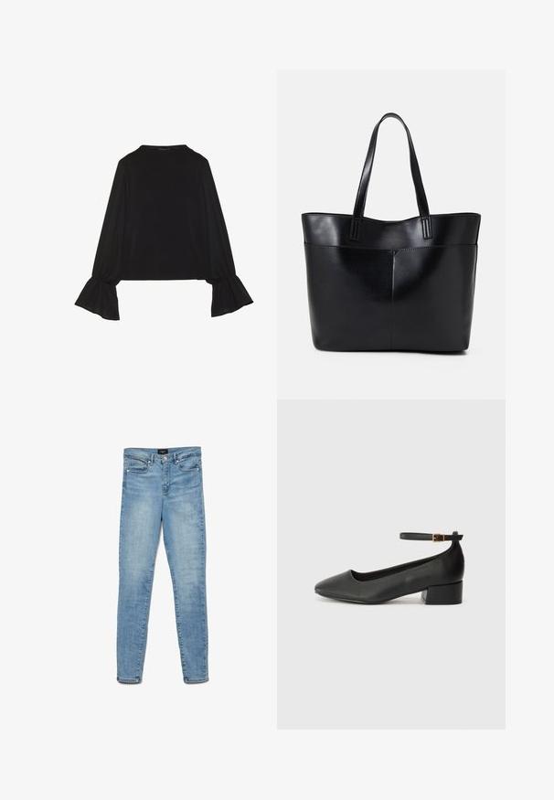 Top preto de mangas longas com punhos largos, textura suave e um corte descontraído, com um simples decote redondo.; Jeans skinny desbotados de cor azul clara com botão frontal e design de cinco bolsos, dispostos sobre um fundo branco.; Sandal de pele preta com bico pontiagudo e um salto bloco baixo. Apresenta uma tira no tornozelo com uma fivela em tom dourado. Textura suave.; Bolsa tote preta em couro com duas alças longas, textura suave e forma estruturada. Apresenta um bolso frontal para armazenamento adicional.