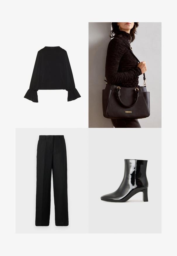 Maglietta nera a maniche lunghe con polsini svasati, texture morbida e vestibilità rilassata, con un semplice collo rotondo.; Pantaloni larghi neri realizzati in un tessuto leggero. Presentano una parte anteriore piatta con passanti per la cintura e tasche laterali, offrendo una vestibilità comoda.; Stivaletto in pelle verniciata nera con punta a punta e tacco a blocco di altezza media. Texture liscia e design minimalista.; Borsa nera con superficie texturizzata, manici superiori doppi e tracolla regolabile. Dotata di hardware color oro e tasche laterali.