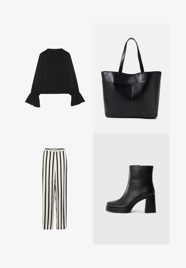 Top negro de manga larga con puños acampanados, textura suave y un ajuste relajado, con un sencillo cuello redondo.; Pantalones de rayas en blanco y negro con un diseño de pierna recta y una cinturilla elástica. Elaborados en una tela ligera con una textura suave.; Botín de cuero negro con tacón cuadrado y suela de plataforma, visto de lado sobre un fondo blanco liso.; Bolso tote de cuero negro con dos asas largas, textura suave y forma estructurada. Cuenta con un bolsillo frontal para almacenamiento adicional.