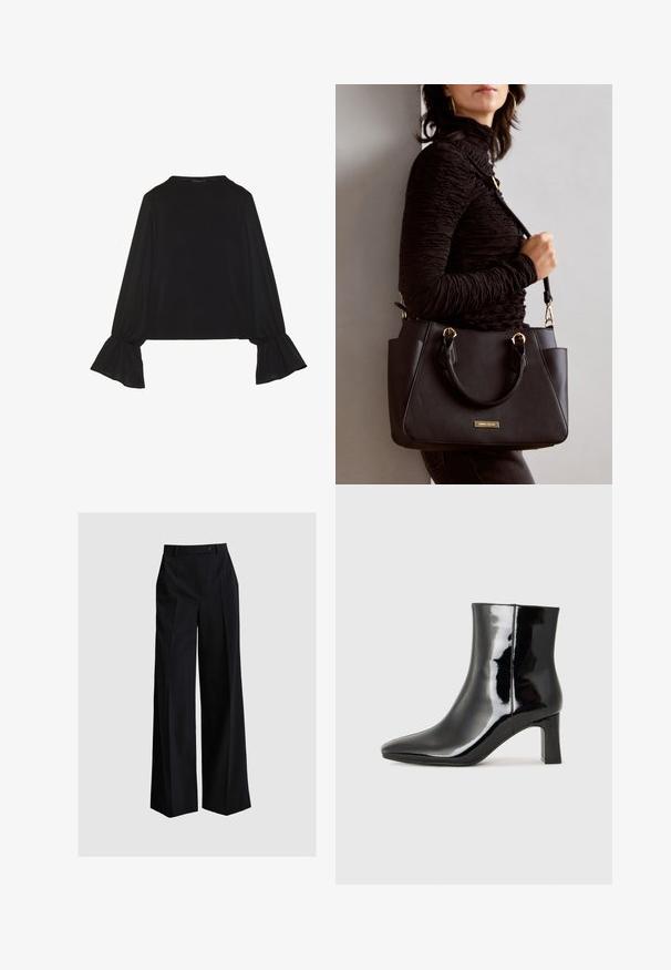 Black long-sleeve top featuring flared cuffs, soft texture, and a relaxed fit, with a simple round neckline.; ANDIATA GISELLA - Trousers - black; Black patent leather ankle boot with a pointed toe and a mid-height block heel. Smooth texture and minimalist design.; Black handbag with textured surface, dual top handles, and adjustable shoulder strap. Features gold-tone hardware and side pockets.