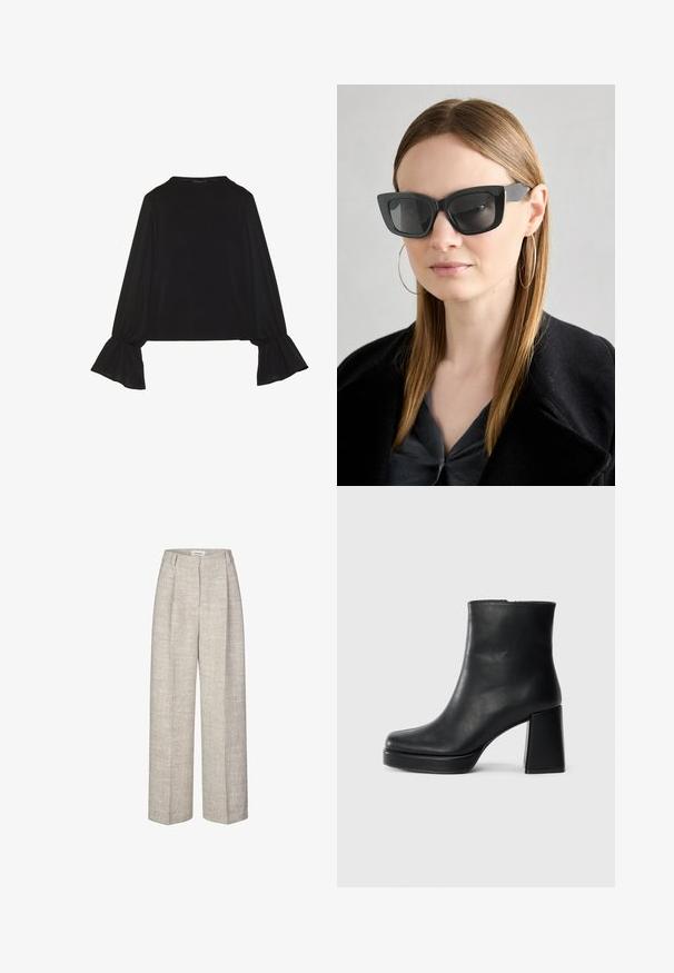 Musta pitkähihainen toppi, jossa on levenevät hihansuut, pehmeä rakenne ja rento fit, yksinkertaisella pyöreällä pääntiellä.; Vaaleanharmaat korkeavyötäröiset housut, joissa on teksturoitu kangas, leveät lahkeet ja kaksi etuple Courier. Varustettu etupainikkeella ja vyölenkeillä.; Musta nahkasaapas nilkkapituisena, jossa on paksu korko ja alustapohja, nähtynä sivulta yksinkertaisella valkoisella taustalla.; Mustan kissakuvioisen aurinkolasit tummilla linsseillä, paksuilla kehyksillä ja hillityillä yksityiskohdilla. Yhdistetty mustaan takkiin ja harmaaseen paitoihin, joissa on pitkät suorat hiukset.