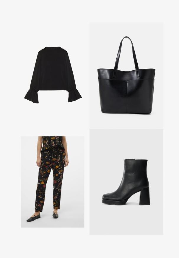 Svart langermet topp med utsvingte mansjetter, myk tekstur og avslappet passform, med enkel rund hals.; Svarte blomsterbukser med en avslappet passform, som har flerfargede blomsterdesign, snor i livet og sidelommer. Kombinert med stilige svarte leiligheter.; Sorte skinnankelsko med blokkhæl og plattformsåle, sett fra siden på en enkel hvit bakgrunn.; Svart lær toteveske med to lange håndtak, en glatt tekstur og en strukturert form. Har en frontlomme for ekstra oppbevaring.