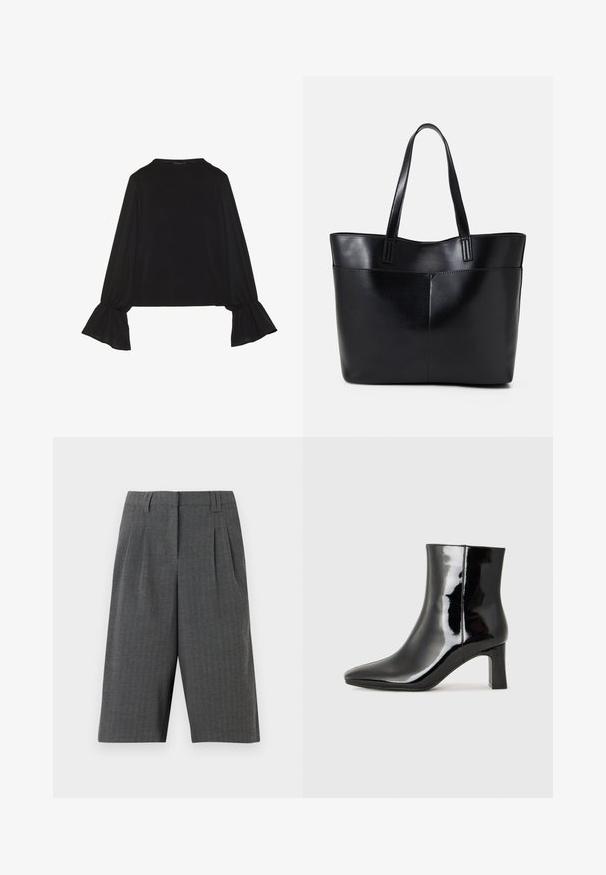 Fekete, hosszú ujjú felső, harang alakú mandzsettákkal, puha textúrával és laza szabással, egyszerű, kerek nyakkivágással.; Szürke hounds-tooth mintás, plissézett sort, mely testre szabott kialakítású és a comb közepéig ér. Texturált anyagból készült, látható záródás nélkül.; Fekete lakk bőrcipő bokáig érő, hegyes orral és közepes magasságú tömbsarokkal. Simább textúrával és minimalista dizájnnal rendelkezik.; Fekete bőr bevásárlótáska két hosszú fogantyúval, sima felülettel és strukturált formával. Elülső zseb található rajta a plusz tárolás érdekében.