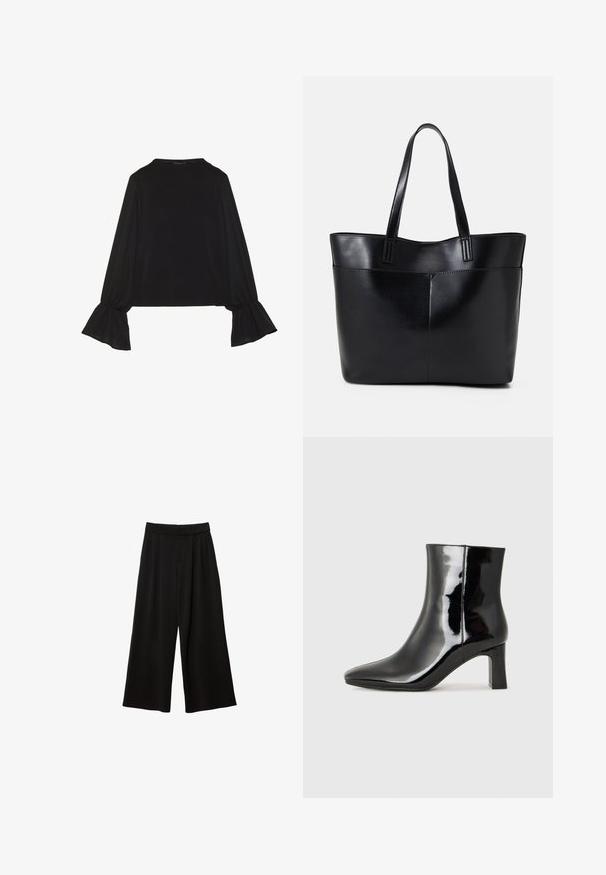 Czarny top z długim rękawem, z rozkloszowanymi mankietami, miękką fakturą i luźnym krojem, z prostym okrągłym dekoltem.; Czarne szerokie spodnie z wysokim stanem, z plisami, gładką fakturą i bez widocznych kieszeni ani ozdób.; Czarne lakierowane botki za kostkę z wysmukłym noskiem i średniej wysokości obcasem w kształcie słupka. Gładka tekstura i minimalistyczny design.; Czarna skórzana torba na ramię z dwoma długimi uchwytami, gładką teksturą i sztywną formą. Posiada przednią kieszeń dla dodatkowego przechowywania.