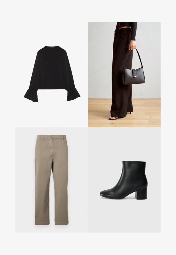 Top noir à manches longues avec des poignets évasés, texture douce et coupe décontractée, doté d'un col rond simple.; Chino en coton kaki avec une coupe droite, dotés d'un bouton à l'avant, de poches latérales et d'une texture lisse. Pas de motifs ou d'accents visibles.; Bottines en cuir noir avec un bout pointu et un talon épais. Texture lisse avec des accents minimalistes et un design élégant et ajusté.; Sac à main noir à la forme structurée, texture lisse et fermoir métallique. Associé à un pantalon noir ample et des sandales ouvertes sur un sol en bois.