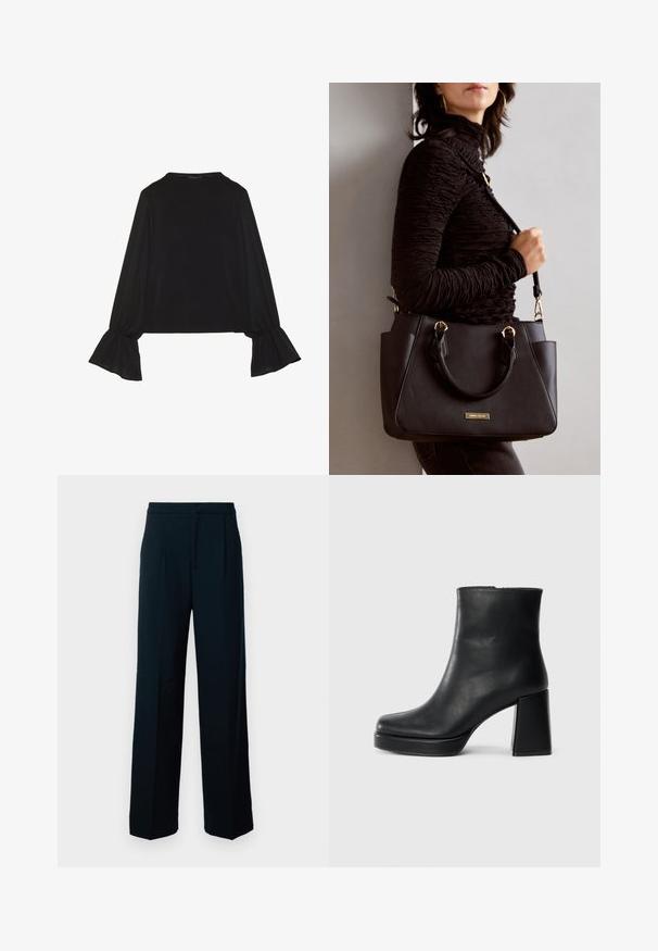 Černý top s dlouhými rukávy, který má rozšířené manžety, jemnou texturu a volný střih, s jednoduchým kulatým výstřihem.; Černé kalhoty s širokými nohavicemi vyrobené z hladké látky, s vysokým pasem, předními záhyby a čistým, minimalistickým designem.; Černý kožený kotníkový bot s blokovým podpatkem a platformou, viděný z boku na jednoduchém bílém pozadí.; Černá kabelka s texturovaným povrchem, dvojitými horními uchy a nastavitelným ramenním popruhem. Obsahuje zlaté kovové prvky a boční kapsy.