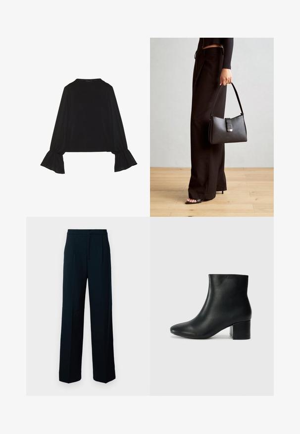 Crna majica dugih rukava s proširenim manžetama, mekanim materijalom i opuštenim krojem, s jednostavnim okruglim izrezom.; Crne široke hlače od glatkog materijala, s visokim strukom, prednjim plisama i čistim, minimalističkim dizajnom.; Crne kožne čizme do članaka s uskim vrhom i debelim potplatom. Glatka tekstura s minimalnim detaljima i elegantan, prilagođen dizajn.; Crna torba s oblikom koji sadrži strukturu, glađu teksturu i metalnu kopču. Uparena s širokim crnim hlačama i sandalama na otvorenom s drvenog poda.