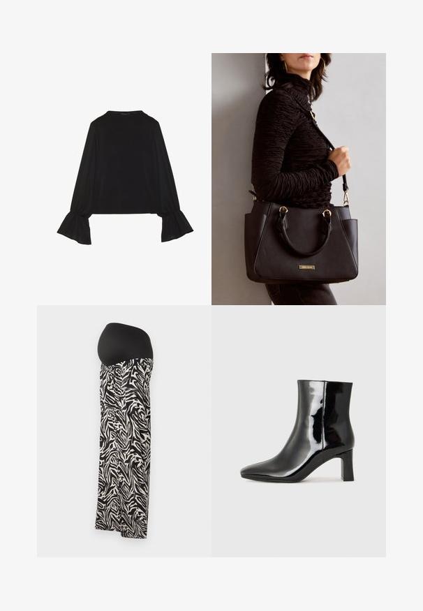 Svart langermet topp med utsvingte mansjetter, myk tekstur og avslappet passform, med enkel rund hals.; Svart og hvit zebra-mønster graviditetsskjørt med en elastisk svart midje, med detaljer som er samlet i midjen og en flytende design.; Sorte patentlær ankle boot med spiss tå og en mellomhøy blokkhelt. Glatt tekstur og minimalistisk design.; Svart håndveske med teksturert overflate, doble topphåndtak og justerbar skulderrem. Har detaljer i gulltone og sidelommer.