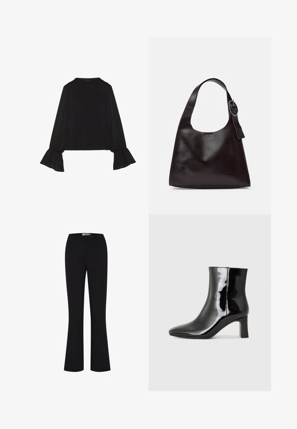 Czarny top z długim rękawem, z rozkloszowanymi mankietami, miękką fakturą i luźnym krojem, z prostym okrągłym dekoltem.; Czarne spodnie dzwony wykonane z gładkiego materiału, z dopasowanym pasem i prostym przodem bez kieszeni.; Czarne lakierowane botki za kostkę z wysmukłym noskiem i średniej wysokości obcasem w kształcie słupka. Gładka tekstura i minimalistyczny design.; Brązowa skórzana torba na ramię o gładkiej teksturze, zaokrąglonym kształcie, szerokim pasku i okrąłym metalowym akcentem na uchwycie.