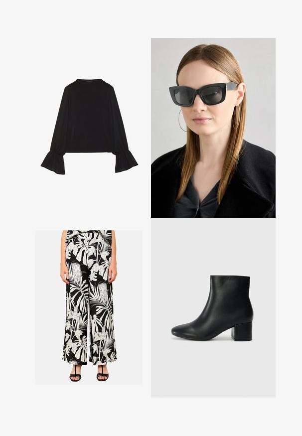 Zwarte langemouwen top met uitlopende manchetten, een zachte textuur en een relaxed fit, met een eenvoudige ronde halslijn.; LolaLiza WIDE WITH TROPICAL PRINT - Broek - black; Zwarte leren enkellaarzen met een spitse neus en een chunky hak. Gladde textuur met minimale accenten en een slank, strakk ontwerp.; Zwarte cat-eye zonnebril met donkere lenzen, dikke monturen en subtiele accenten. Draagt een zwarte jas en een grijze top, met lang stijl haar.; Zwarte handtas met gestructureerd oppervlak, dubbele bovenhandvatten en verstelbare schouderriem. Voorzien van goudkleurige hardware en zijzakken.