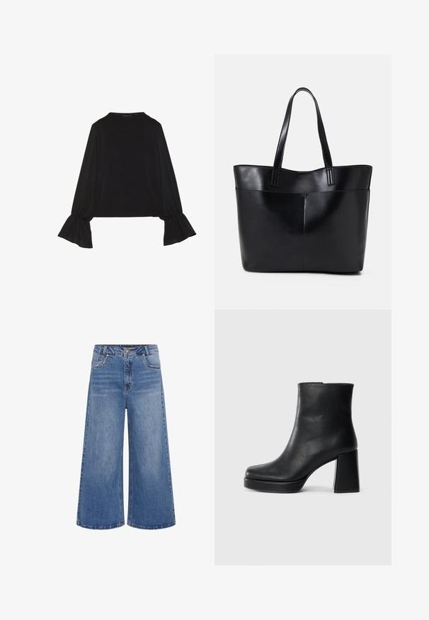 Svart långärmad topp med utställda ärmslut, mjuk textur och avslappnad passform, med en enkel rund halsringning.; Breda ben blå denimjeans med hög midja, med knappstängning, fem fickor och subtila urtvättningar. Sytt fåll med klassisk design.; Svart läderankelboot med blockklack och platåsula, sedd från sidan på en enkel vit bakgrund.; Svart läder tote-väska med två långa handtag, en slät yta och en strukturerad form. Har en framficka för extra förvaring.