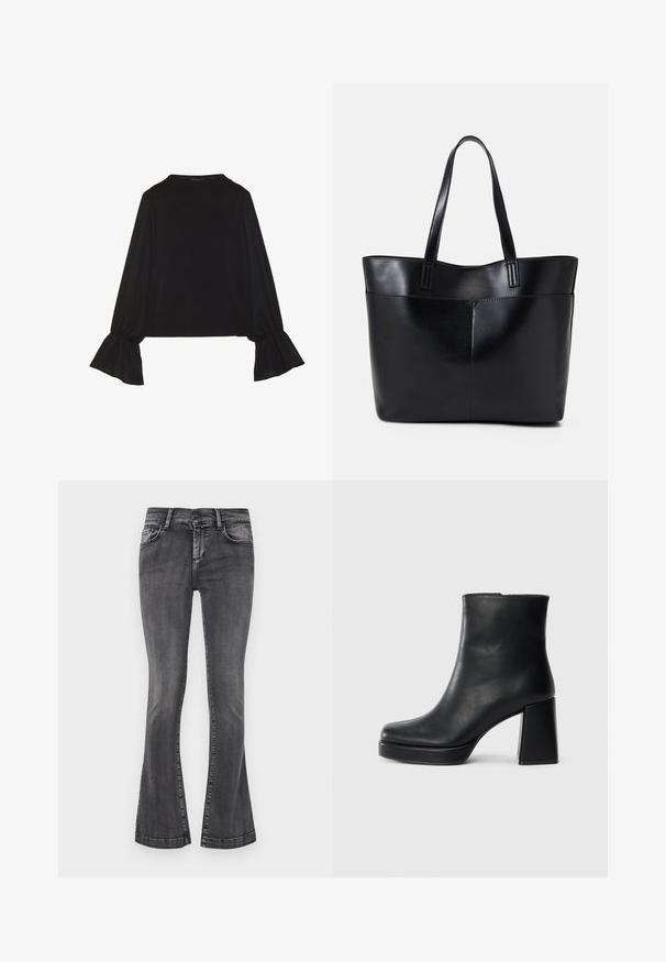 Top noir à manches longues avec des poignets évasés, texture douce et coupe décontractée, doté d'un col rond simple.; Jean flare gris dans un délavé, avec cinq poches, passants de ceinture et fermeture éclair. Le denim a une légère texture avec des accents de coutures.; Bottine en cuir noir avec un talon bloc et une semelle plateforme, vue de côté sur un fond blanc uni.; Sac fourre-tout en cuir noir avec deux longues poignées, une texture lisse et une forme structurée. Dispose d'une poche avant pour un rangement supplémentaire.