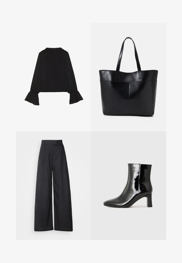 Top preto de mangas longas com punhos largos, textura suave e um corte descontraído, com um simples decote redondo.; Calças largas e escuras com um cós estruturado e pregas. Feitas de um tecido leve, com uma textura suave e sem padrões visíveis.; Botim de tornozelo em pele sintética preta com bico apontado e salto bloco de altura média. Textura suave e design minimalista.; Bolsa tote preta em couro com duas alças longas, textura suave e forma estruturada. Apresenta um bolso frontal para armazenamento adicional.