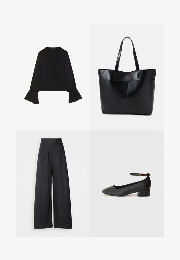 Fekete, hosszú ujjú felső, harang alakú mandzsettákkal, puha textúrával és laza szabással, egyszerű, kerek nyakkivágással.; Sötét, bő szárú nadrág, struktúrált derékvonallal és redőkkel. Könnyű anyagból készült, sima tapintású, további látható minták nélkül.; Fekete bőr magassarkú cipő hegyes orral és alacsony tömb sarkal. Bokapánttal rendelkezik, aranyszínű csattal. Simább textúra.; Fekete bőr bevásárlótáska két hosszú fogantyúval, sima felülettel és strukturált formával. Elülső zseb található rajta a plusz tárolás érdekében.