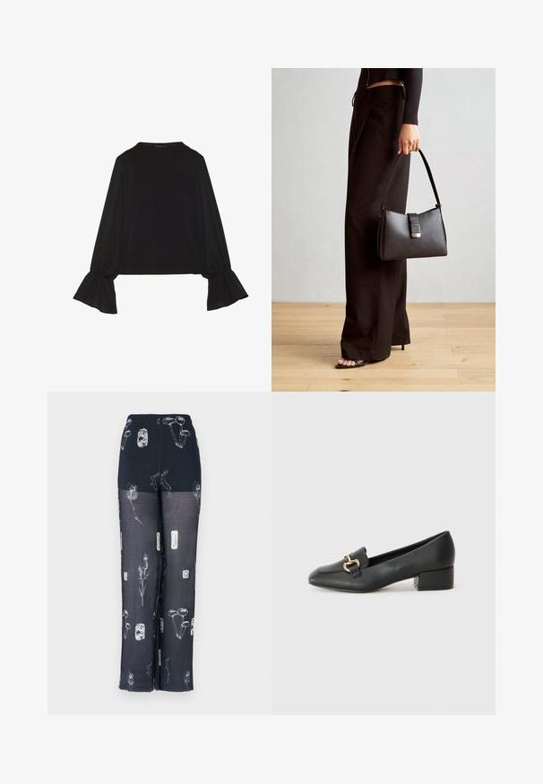 Crna majica dugih rukava s proširenim manžetama, mekanim materijalom i opuštenim krojem, s jednostavnim okruglim izrezom.; Mornarske hlače s elastičnim pojasom, s cvjetnim i gljivastim uzorcima u bijeloj boji. Izrađene su od lagane, prozirne tkanine s lepršavim dizajnom.; Crne kožne mokasine s ravnim potplatom, s dekorativnim zlatnim detaljem sprijeda i glatkom teksturom.; Crna torba s oblikom koji sadrži strukturu, glađu teksturu i metalnu kopču. Uparena s širokim crnim hlačama i sandalama na otvorenom s drvenog poda.