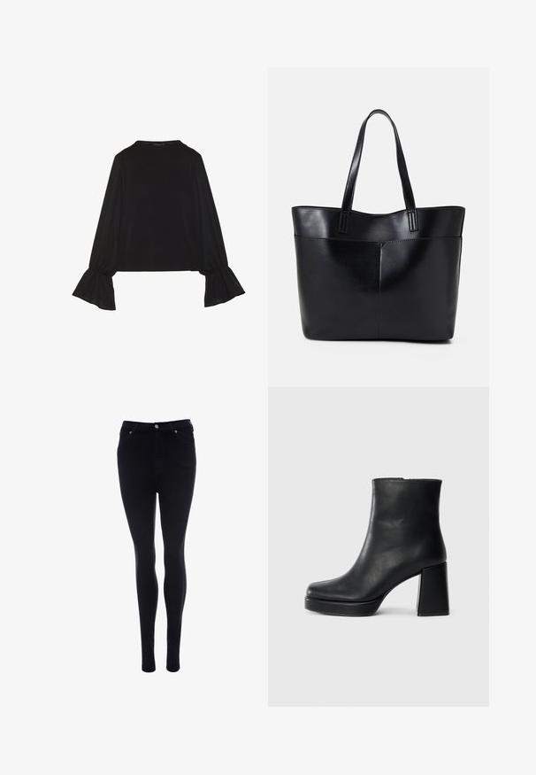 Černý top s dlouhými rukávy, který má rozšířené manžety, jemnou texturu a volný střih, s jednoduchým kulatým výstřihem.; Černé skinny džíny vyrobené z denimu s hladkým povrchem. Mají přední zapínání na knoflík a zip, pět kapes a štíhlý střih.; Černý kožený kotníkový bot s blokovým podpatkem a platformou, viděný z boku na jednoduchém bílém pozadí.; Černá kožená taška s dlouhými ušima, hladkým povrchem a strukturovaným tvarem. Obsahuje přední kapsu pro další úložný prostor.