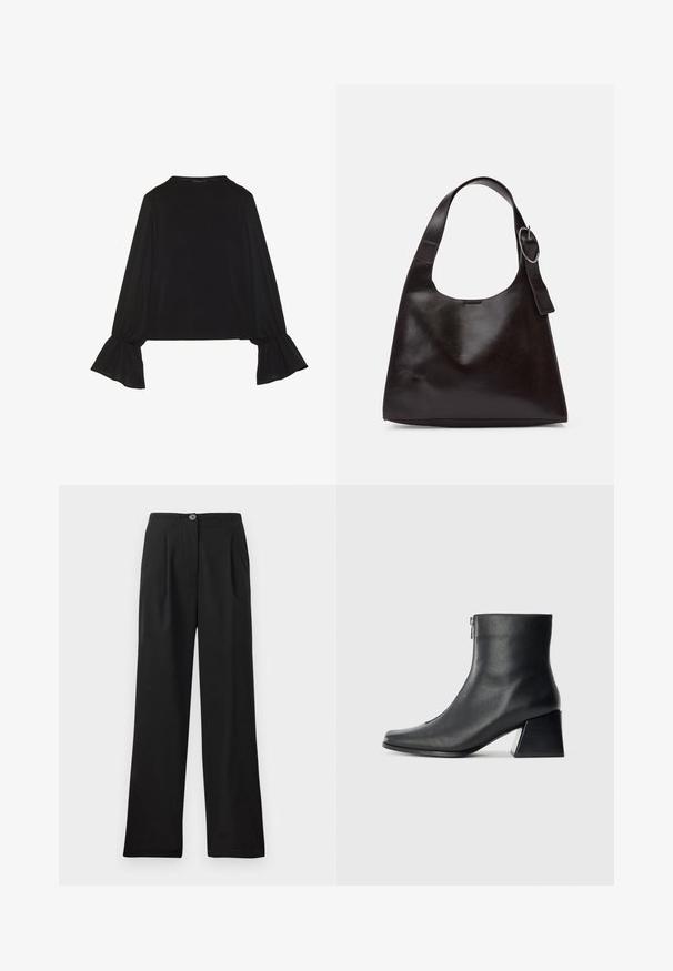 Zwarte langemouwen top met uitlopende manchetten, een zachte textuur en een relaxed fit, met een eenvoudige ronde halslijn.; Zwarte, hoge taillebroek gemaakt van soepele stof, met voorplooien, een enkele knoopsluiting en brede pijpen. Geen zakken zichtbaar.; Zwarte leren enkellaars met vierkante neus, zijrits en blokhak tegen een effen lichte achtergrond.; Bruine lederen schoudertas met een gladde textuur, ronde vorm, brede strap en een cirkelvormig metallic accent op de handgreep.