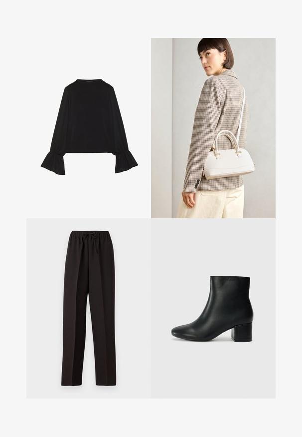 Fekete, hosszú ujjú felső, harang alakú mandzsettákkal, puha textúrával és laza szabással, egyszerű, kerek nyakkivágással.; Fekete, bő szárú nadrág elasztikus derékkal és állítható zsinórral. Simává, könnyű anyagból készült, melyen nincsenek látható minták.; Fekete bőr bokacsizma hegyes orral és vastag sarokkal. Sima felület minimális díszítéssel és karcsú, passzos kialakítással.; Fehér, strukturált kézitáska rövid füllel és vállpánttal, arany színű fém kiegészítőkkel és texturált anyagból, szürke háttér előtt bemutatva.