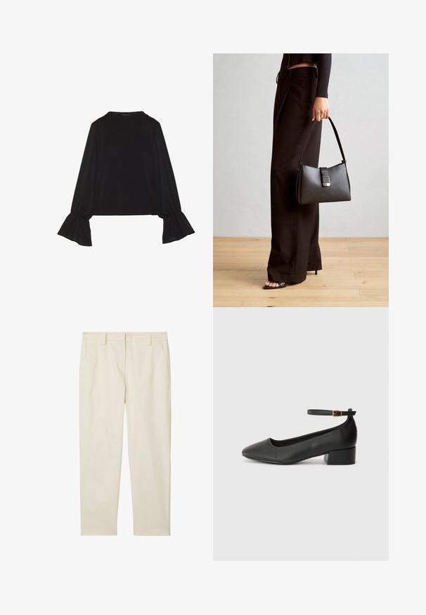 Mustsärgid musta tooniga, pika varrukaga, flöödid käised, pehme tekstuur ja vabalt langev lõige, lihtsa ümaraga kaelusega.; Marc O'Polo MODERN STYLE TAPERED LEG HIGH RISE WELT POCKET - Chino-püksid - chalky sand; Must mustaapp, millel on terav nina ja madal blokk-kand. Omab pahkluu rihma koos kuldse tooni pandlaga. Sile tekstuur.; Must musta kott, millel on struktureeritud kuju, sile tekstuur ja metallist klamber. Kombineeritud laiate mustade pükstega ja avatud varvaste sandaalidega puidust põrandal.