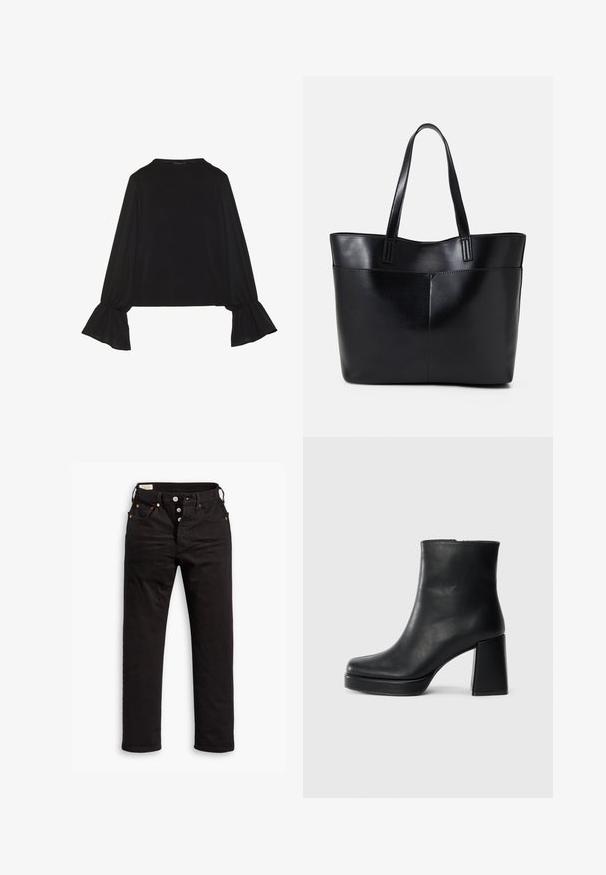 Svart långärmad topp med utställda ärmslut, mjuk textur och avslappnad passform, med en enkel rund halsringning.; Svarta raka jeans med knappgylf, fram- och bakfickor samt kopparnitar detaljer på en vit bakgrund.; Svart läderankelboot med blockklack och platåsula, sedd från sidan på en enkel vit bakgrund.; Svart läder tote-väska med två långa handtag, en slät yta och en strukturerad form. Har en framficka för extra förvaring.