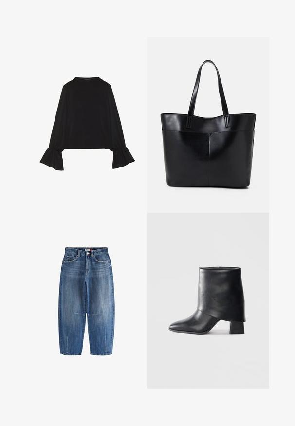 Mustsärgid musta tooniga, pika varrukaga, flöödid käised, pehme tekstuur ja vabalt langev lõige, lihtsa ümaraga kaelusega.; Keskesinises denimhõlstuses teksapüksid, millel on kõrge vöökoht, lühendatud laiad sääred, ees olevad taskud ja nähtavad õmblused.; Mustad nahast pahkluuring, millel on terav varvas, sile tekstuur ja struktureeritud plokknakk. Omab kõrget, volditud suud.; Must mustaga musta nahast, millel on kaks pikka kanda, sile tekstuur ja struktureeritud kuju. Esipoolsel on lisakoti jaoks tasku.