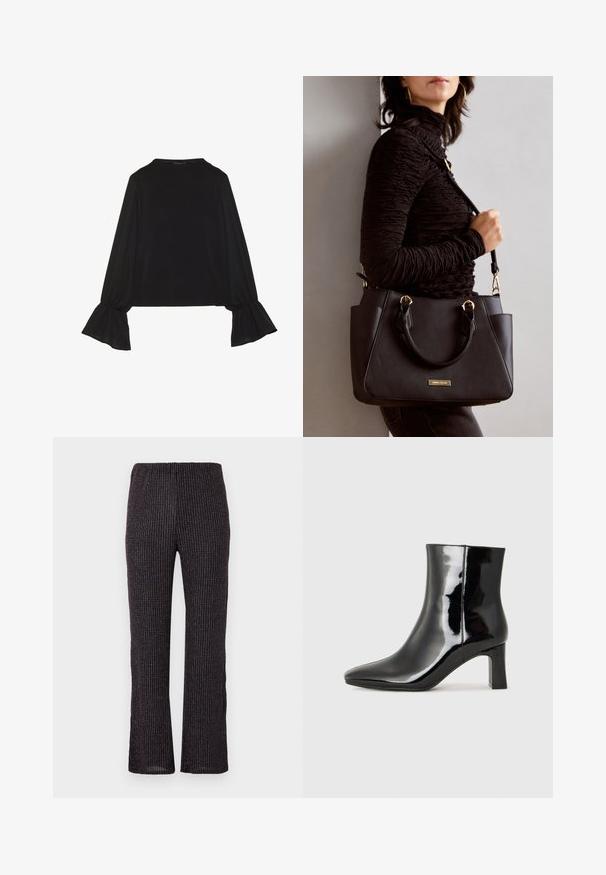 Black long-sleeve top featuring flared cuffs, soft texture, and a relaxed fit, with a simple round neckline.; Black ribbed pants with an elastic waistband, featuring a straight leg cut and subtle iridescent flecks throughout the textured fabric.; Black patent leather ankle boot with a pointed toe and a mid-height block heel. Smooth texture and minimalist design.; Black handbag with textured surface, dual top handles, and adjustable shoulder strap. Features gold-tone hardware and side pockets.