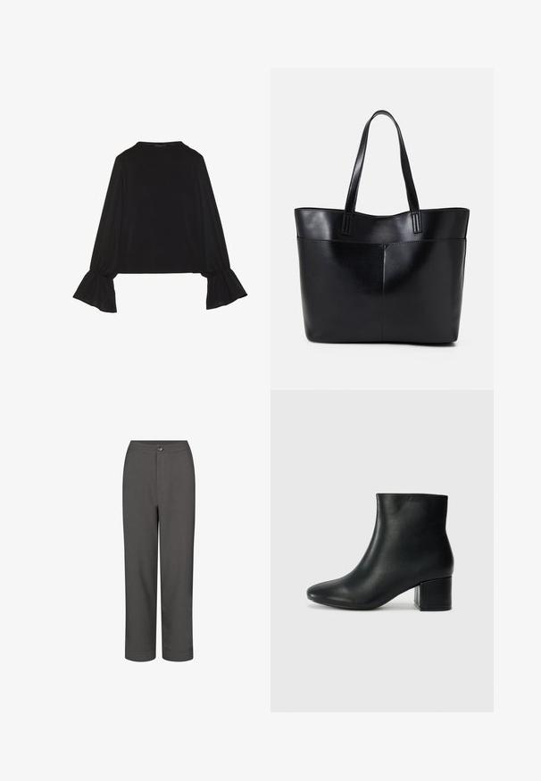 Sort langærmet top med flagrende manchetter, blød tekstur og en afslappet pasform, samt en enkel rund halsudskæring.; Grå habitbukser med lige ben, glat tekstur, lukning med frontknap og opsmøgede kanter for et skræddersyet look.; Sorte læder ankelstøvler med spids tå og en kraftig hæl. Glat tekstur med minimale detaljer og et slankt, tætsiddende design.; Sort læder tote taske med to lange håndtag, en glat tekstur og en struktureret form. Har en forlommem for ekstra opbevaring.