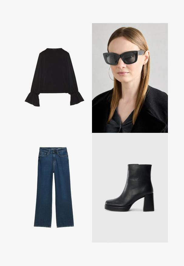 Crna majica dugih rukava s proširenim manžetama, mekanim materijalom i opuštenim krojem, s jednostavnim okruglim izrezom.; Široke traperice tamnoplave boje, s pet džepova, dugmetom za zatvaranje i suptilnim detaljima šivanja na šavovima.; Crna kožna čizma do gležnja s blok petom i platformom, prikazana s bočne strane na jednostavnoj bijeloj pozadini.; Crne mačje naočale s tamnim staklima, debelim okvirima i suptilnim detaljima. Nosit će se s crnim kaputom i sivoj majici, s dugom ravnom kosom.