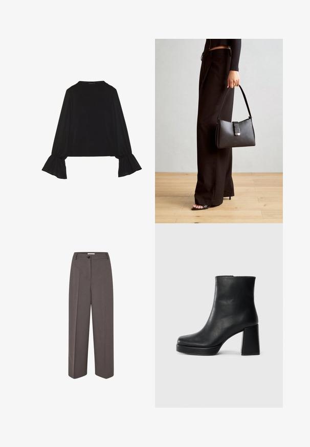 Černý top s dlouhými rukávy, který má rozšířené manžety, jemnou texturu a volný střih, s jednoduchým kulatým výstřihem.; Široké kalhoty hnědé barvy s vysokým pasem, předními záhyby, poutky na opasek, zapínáním na knoflík a hladkou texturou látky.; Černý kožený kotníkový bot s blokovým podpatkem a platformou, viděný z boku na jednoduchém bílém pozadí.; Černá kabelka se strukturovaným tvarem, hladkým povrchem a kovovým uzávěrem. Kombinována s širokými černými kalhotami a sandály s otevřenou špičkou na dřevěné podlaze.