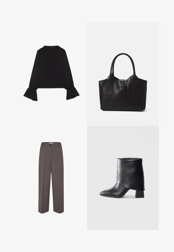 Top noir à manches longues avec des poignets évasés, texture douce et coupe décontractée, doté d'un col rond simple.; Pantalons marron taille haute à jambes larges, avec des plis avant, passants de ceinture, fermeture à bouton et une texture de tissu lisse.; Bottine en cuir noir à bout pointu, texture lisse et talon bloc structuré. Elle se distingue par un design de revers haut et plié.; Sac fourre-tout en cuir noir avec une texture lisse, une forme structurée, deux poignées et un détail en boucle argentée proéminent à l'avant.