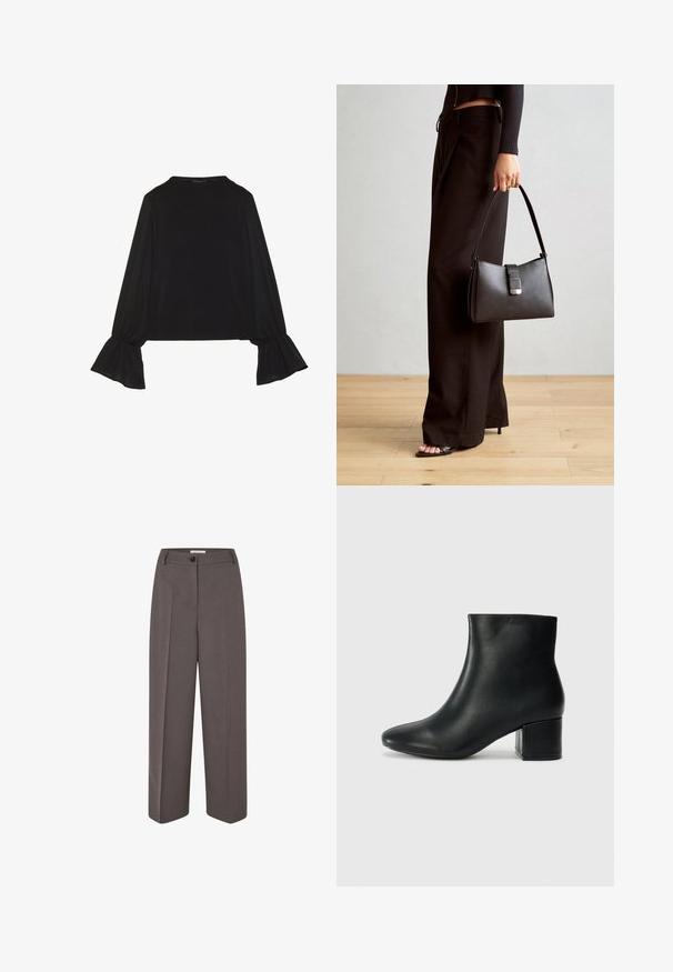 Melna garām piedurknēm krekls ar izplestu aproču, maigu tekstūru un brīvu piegriezumu, ar vienkāršu apaļu dekoltē.; Plati kāju, augsta vidukļa brūni bikses ar priekšējiem krokām, jostas cilpām, pogu aizdari un gludu auduma struktūru.; Melna ādas potīšu zābaki ar smailu purngalu un masīlu papēdi. Gluda tekstūra ar minimāliem akcentiem un gludu, pieguļošu dizainu.; Melnā somiņa ar strukturētu formu, gludu tekstūru un metālu sprādzi. Saskaņota ar platām melnām biksēm un sandālēm ar atvērtu purngalu uz koka grīdas.