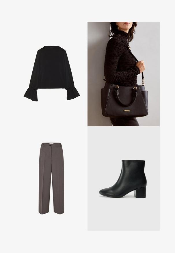 Top preto de mangas longas com punhos largos, textura suave e um corte descontraído, com um simples decote redondo.; Calças castanhas de cintura alta e pernas largas, com pregas frontais, passantes para cinto, fechamento por botão e uma textura de tecido suave.; Botas de tornozelo em pele preta com bico pontiagudo e um salto robusto. Textura suave com acentos mínimos e um design ajustado e elegante.; Bolsa preta com superfície texturizada, alças superiores duplas e alça de ombro ajustável. Apresenta ferragens em tom dourado e bolsos laterais.