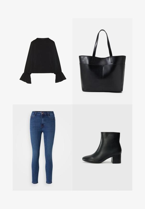 Top preto de mangas longas com punhos largos, textura suave e um corte descontraído, com um simples decote redondo.; Jeans skinny de denim, numa cor azul escura com desgaste subtil. Apresentam um fecho de correr, bolsos frontais e bainhas limpas.; Botas de tornozelo em pele preta com bico pontiagudo e um salto robusto. Textura suave com acentos mínimos e um design ajustado e elegante.; Bolsa tote preta em couro com duas alças longas, textura suave e forma estruturada. Apresenta um bolso frontal para armazenamento adicional.