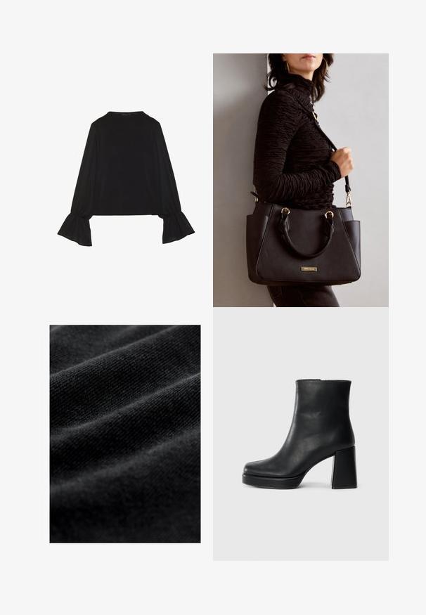 Schwarz langärmliges Oberteil mit ausgestellt geschnittenen Bündchen, weicher Textur und entspannter Passform, mit einem schlichten runden Halsausschnitt.; Schwarzer Stoff mit glatter, weicher Textur, der subtile horizontale Falten und ein einheitliches Webmuster aufweist. Keine sichtbaren Muster oder Akzente.; Schwarze Leder-Stiefelette mit Blockabsatz und Plattformsohle, seitlich auf einem schlichten weißen Hintergrund betrachtet.; Schwarze Handtasche mit strukturierten Oberflächen, doppelten Obergriffen und verstellbarem Schultergurt. Mit goldfarbener Hardware und Seitentaschen.
