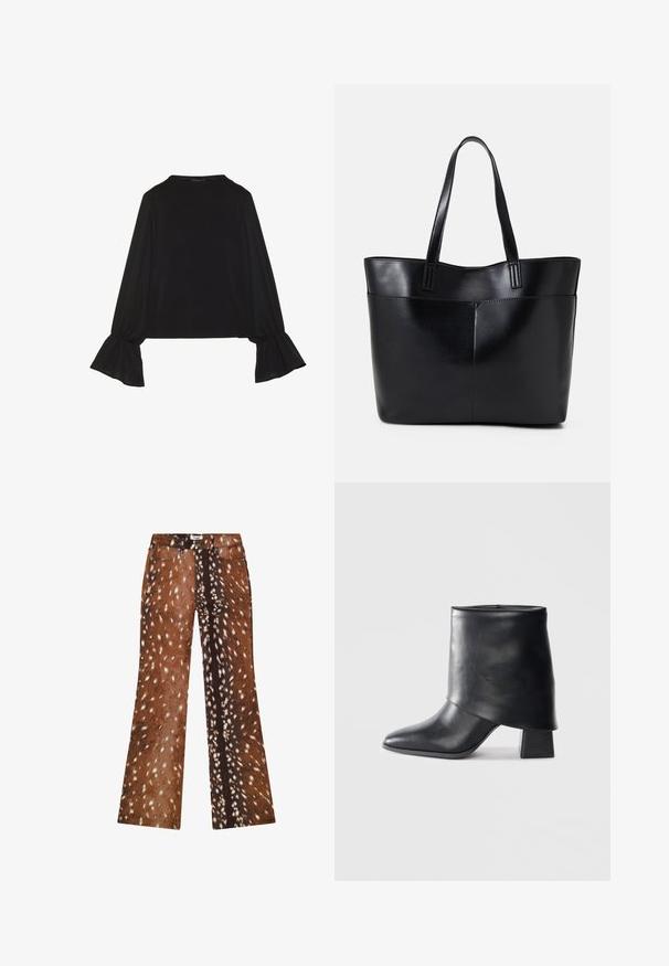 Black long-sleeve top featuring flared cuffs, soft texture, and a relaxed fit, with a simple round neckline.; Brown flared pants with a spotted pattern resembling animal fur, featuring light and dark brown shades, with a smooth texture and denim fabric.; Black leather ankle boot with a pointed toe, smooth texture, and a structured block heel. Features a high, folded cuff design.; Black leather tote bag with two long handles, a smooth texture, and a structured shape. Features a front pocket for additional storage.