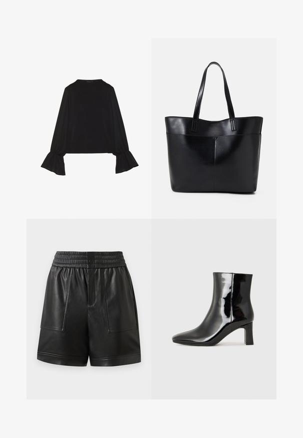 Čierny top s dlhými rukávmi, flitrovanými manžetami, mäkkou textúrou a voľným strihom, s jednoduchým okrúhlym výstrihom.; Čierne krátke nohavice z faux kože s elastickým pásom, predným cvokom, veľkými prednými náprsníkovými vreckami a rovnými lemami.; Čierne lakované členkové topánky s špicatou špičkou a stredne vysokým blokovým podpätkom. Hladká textúra a minimalistický dizajn.; Čierna kožená tote taška s dvoma dlhými rúčkami, hladkým povrchom a štruktúrovaným tvarom. Obsahuje prednú kapsu pre dodatočné uskladnenie.