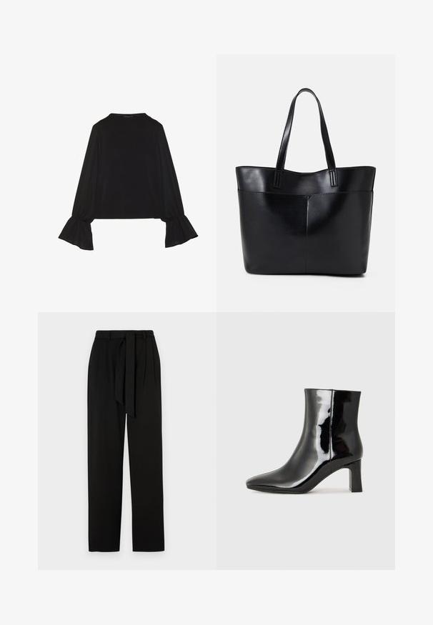 Mustsärgid musta tooniga, pika varrukaga, flöödid käised, pehme tekstuur ja vabalt langev lõige, lihtsa ümaraga kaelusega.; Mustad kõrge vöökohaga püksid, külgpleedid ja kangast vöö. Valmistatud siledast materjalist, sirged ja täispikkused jalad.; Must-sinine nahkjalats musta läikiva viimistlusega, millel on terav nina ja keskmise kõrgusega plokk konts. Sile tekstuur ja minimalistik disain.; Must mustaga musta nahast, millel on kaks pikka kanda, sile tekstuur ja struktureeritud kuju. Esipoolsel on lisakoti jaoks tasku.