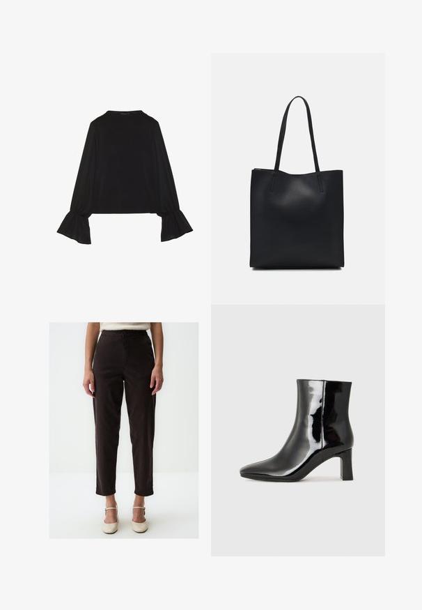 Top noir à manches longues avec des poignets évasés, texture douce et coupe décontractée, doté d'un col rond simple.; Pantalons noirs taille haute avec une coupe droite, comportant des poches avant, une fermeture à bouton et des détails de couture subtils.; Bottines en cuir verni noir avec un bout pointu et un talon block de hauteur moyenne. Texture lisse et design minimaliste.; Sac fourre-tout en cuir noir avec une texture lisse, de forme rectangulaire et deux longues poignées. Pas de matériel ou d'ornementations visibles.