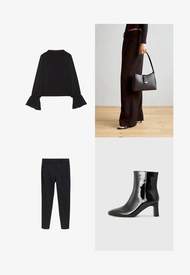 Zwarte langemouwen top met uitlopende manchetten, een zachte textuur en een relaxed fit, met een eenvoudige ronde halslijn.; Zwarte op maat gemaakte slim-fit enkelbroeken met riemlussen en voorzakken op een witte achtergrond.; Zwarte gepolijste leren enkellaars met een spitse neus en een blokhak van gemiddelde hoogte. Glad textuur en minimalistisch ontwerp.; Zwarte handtas met gestructureerde vorm, gladde textuur en een metalen sluiting. Gecombineerd met brede zwarte broeken en sandalen met open teen op een houten vloer.