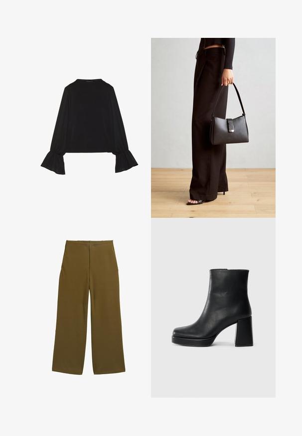 Musta pitkähihainen toppi, jossa on levenevät hihansuut, pehmeä rakenne ja rento fit, yksinkertaisella pyöreällä pääntiellä.; Valkaniset housut oliivinvihreässä kankaassa, jossa on sileä pinta ja ei näkyviä kiinnityksiä. Suunniteltu rennoksi istuvuudeksi, jossa on puhtaat linjat.; Musta nahkasaapas nilkkapituisena, jossa on paksu korko ja alustapohja, nähtynä sivulta yksinkertaisella valkoisella taustalla.; Musta käsilaukku, jossa on rakenteellinen muoto, sileä pinta ja metallinen solki. Yhdistetty leveisiin mustiin housuihin ja avonaiheisiin sandaaleihin puulattialla.