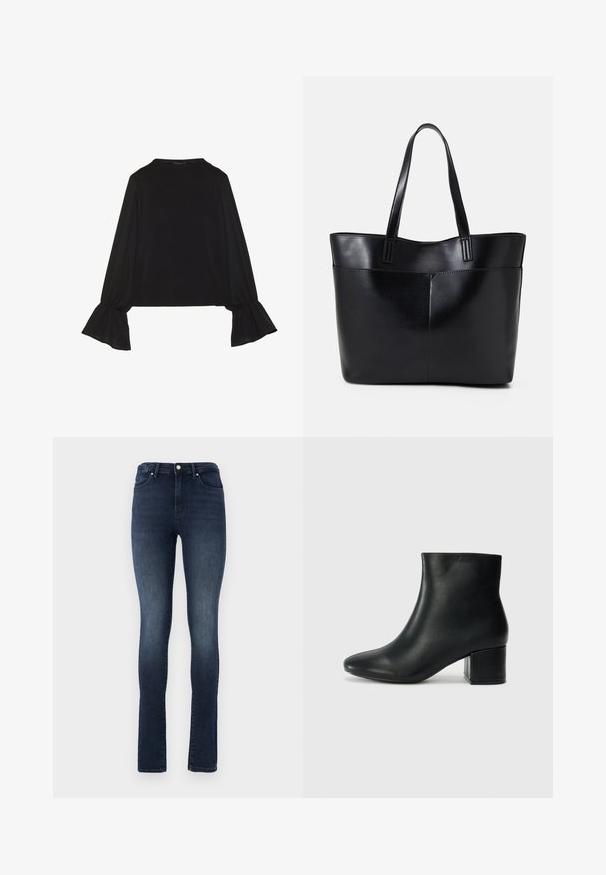 Černý top s dlouhými rukávy, který má rozšířené manžety, jemnou texturu a volný střih, s jednoduchým kulatým výstřihem.; Tmavě modré džíny s úzkým střihem, vysokým pasem, pěti kapsami a kovovým zapínáním. Hladká textura s jemným vyblednutím.; Černé kožené kotníkové boty s špičatou špičkou a robustním podpatkem. Hladký povrch s minimálními akcenty a elegantním, přiléhavým designem.; Černá kožená taška s dlouhými ušima, hladkým povrchem a strukturovaným tvarem. Obsahuje přední kapsu pro další úložný prostor.